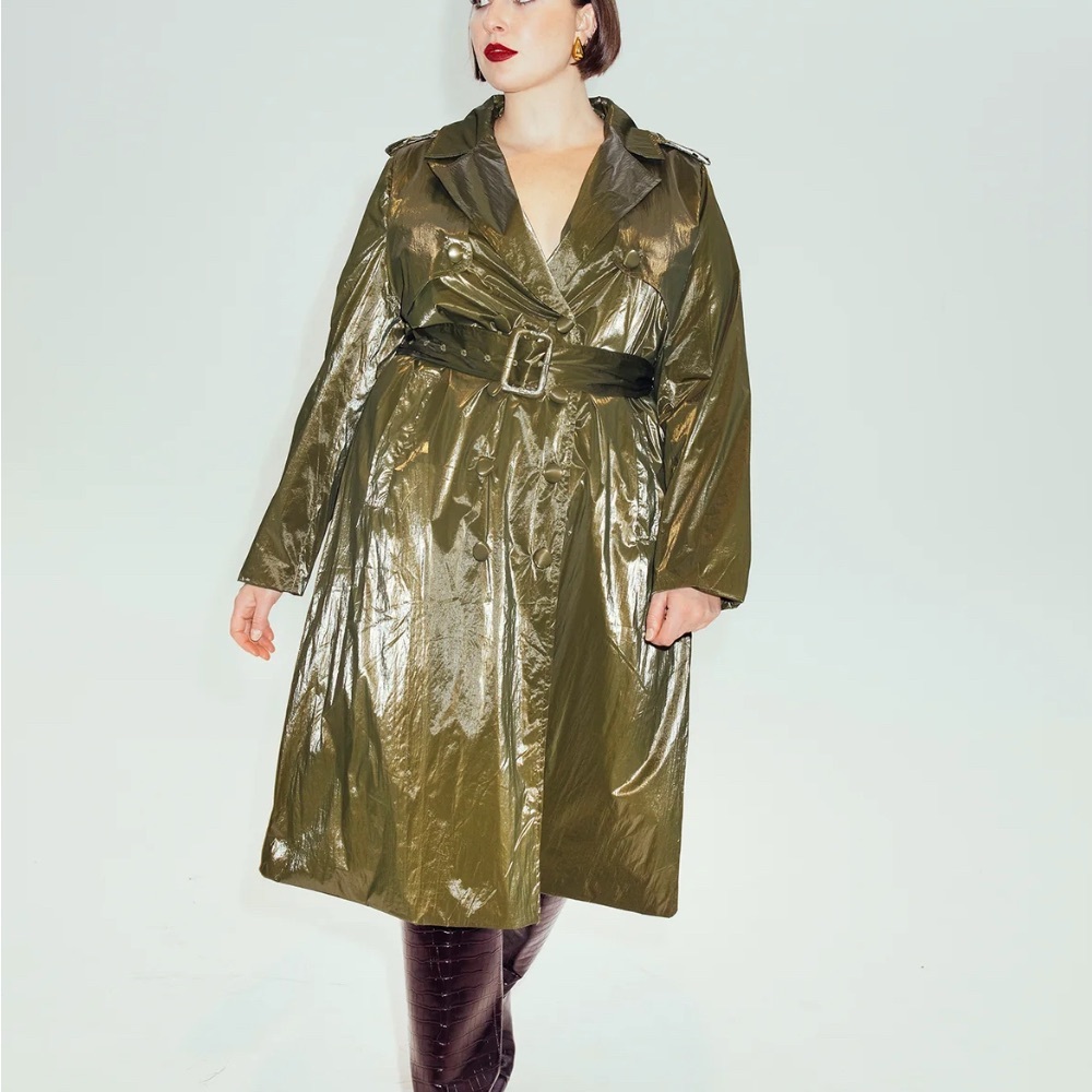 Shiny Olive Women's Trench Coat with Belt
